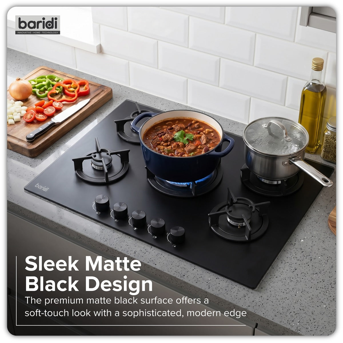 Baridi 70cm Gas Hob Matt Black Glass with 5 Burners, Cast Iron Supports & Auto Ignition 10.4kW DH384