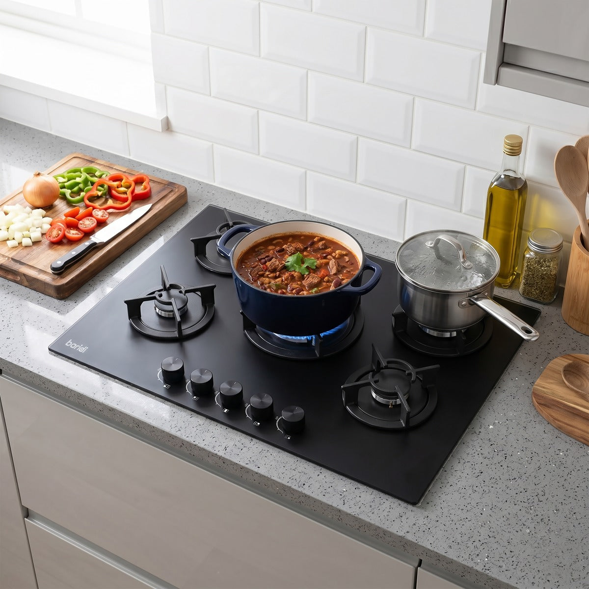 Baridi 70cm Gas Hob Matt Black Glass with 5 Burners, Cast Iron Supports & Auto Ignition 10.4kW DH384