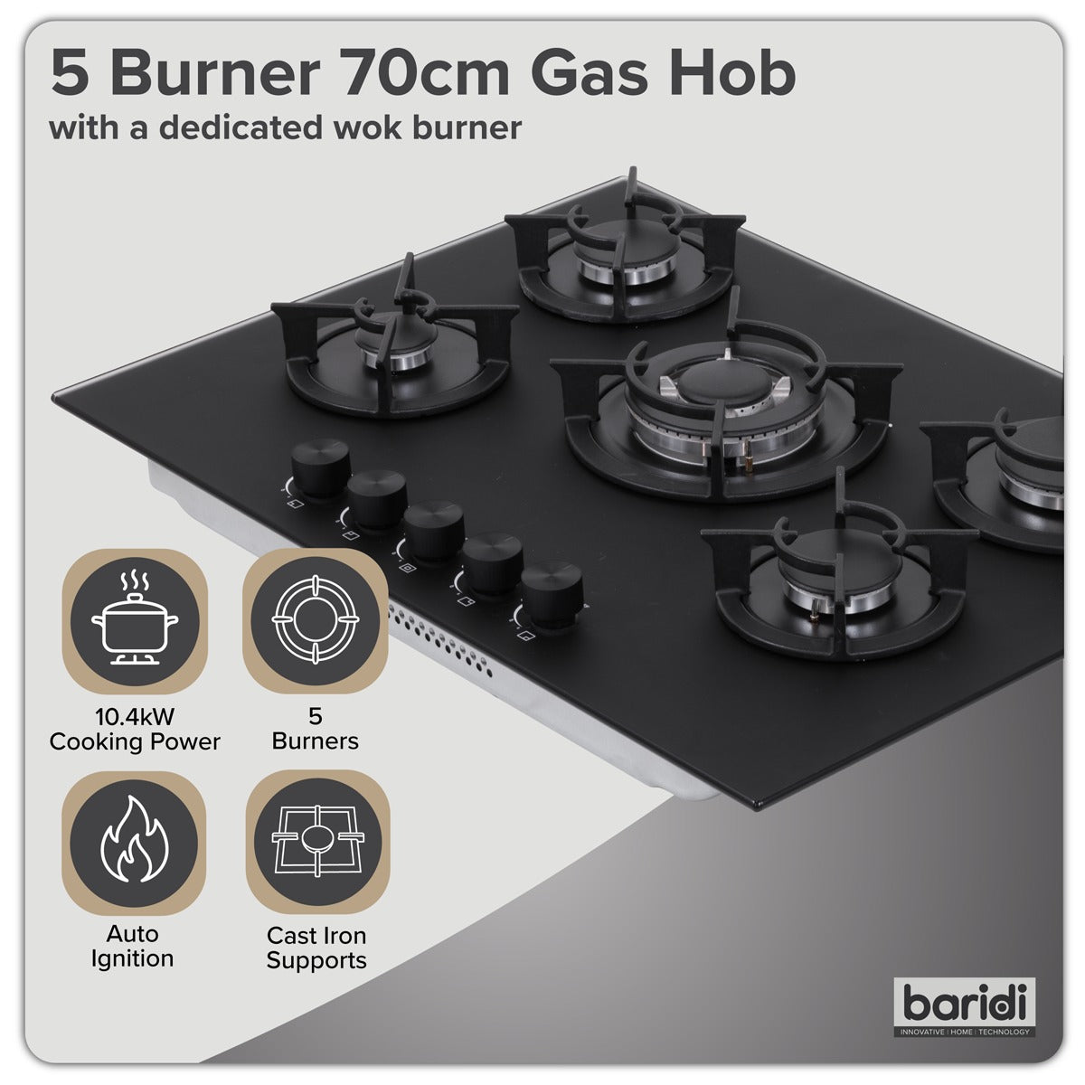 Baridi 70cm Gas Hob Matt Black Glass with 5 Burners, Cast Iron Supports & Auto Ignition 10.4kW DH384
