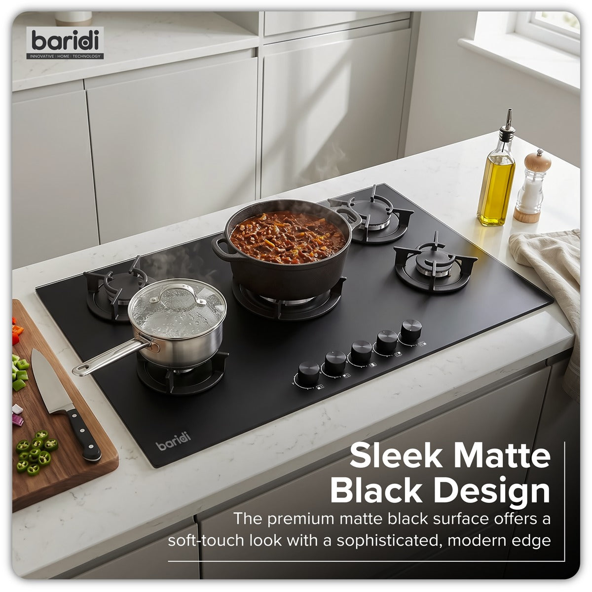 Baridi 90cm Gas Hob Matt Black Glass 5 Burners Cast Iron Supports & Auto Ignition 10.4kW DH385