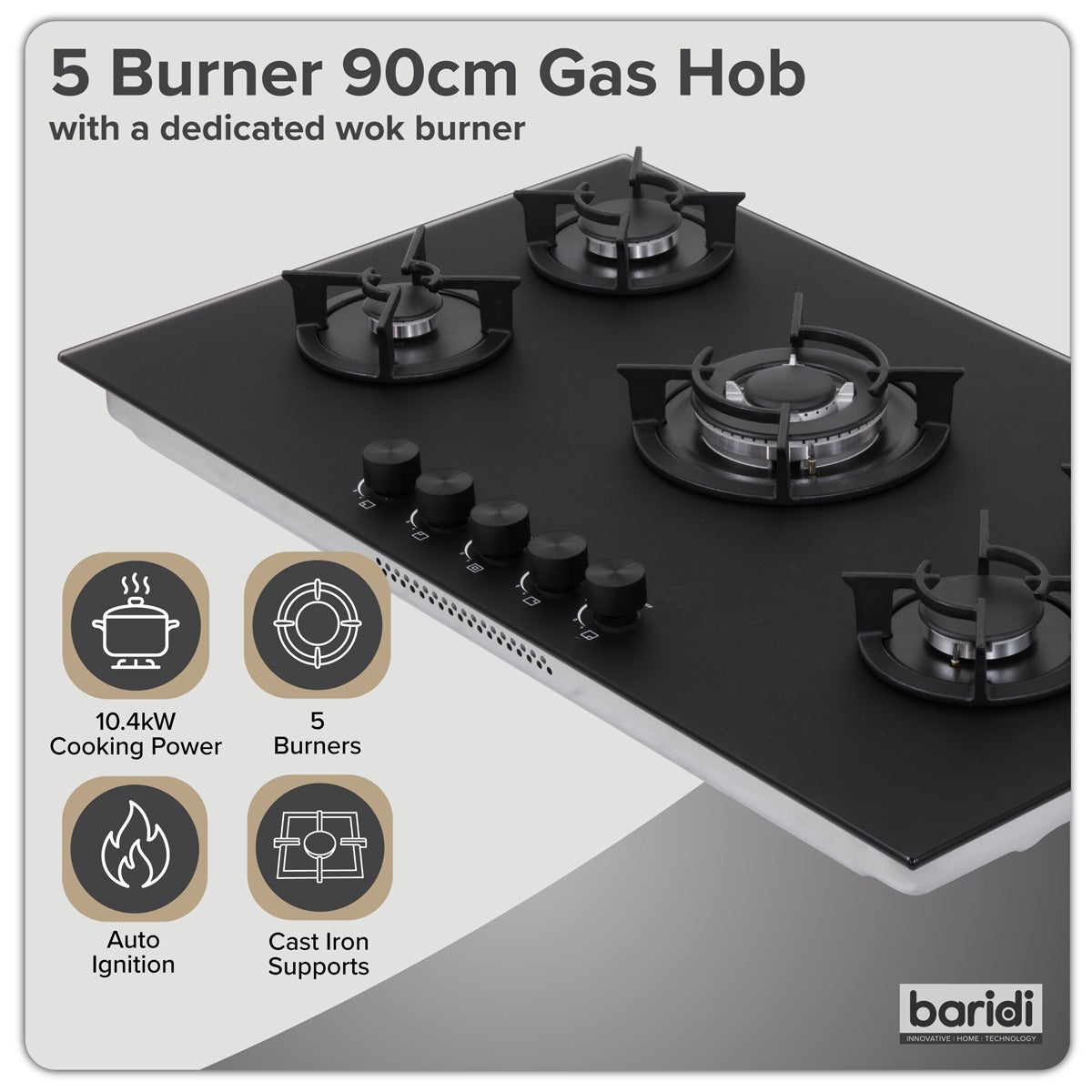Baridi 90cm Gas Hob Matt Black Glass 5 Burners Cast Iron Supports & Auto Ignition 10.4kW DH385
