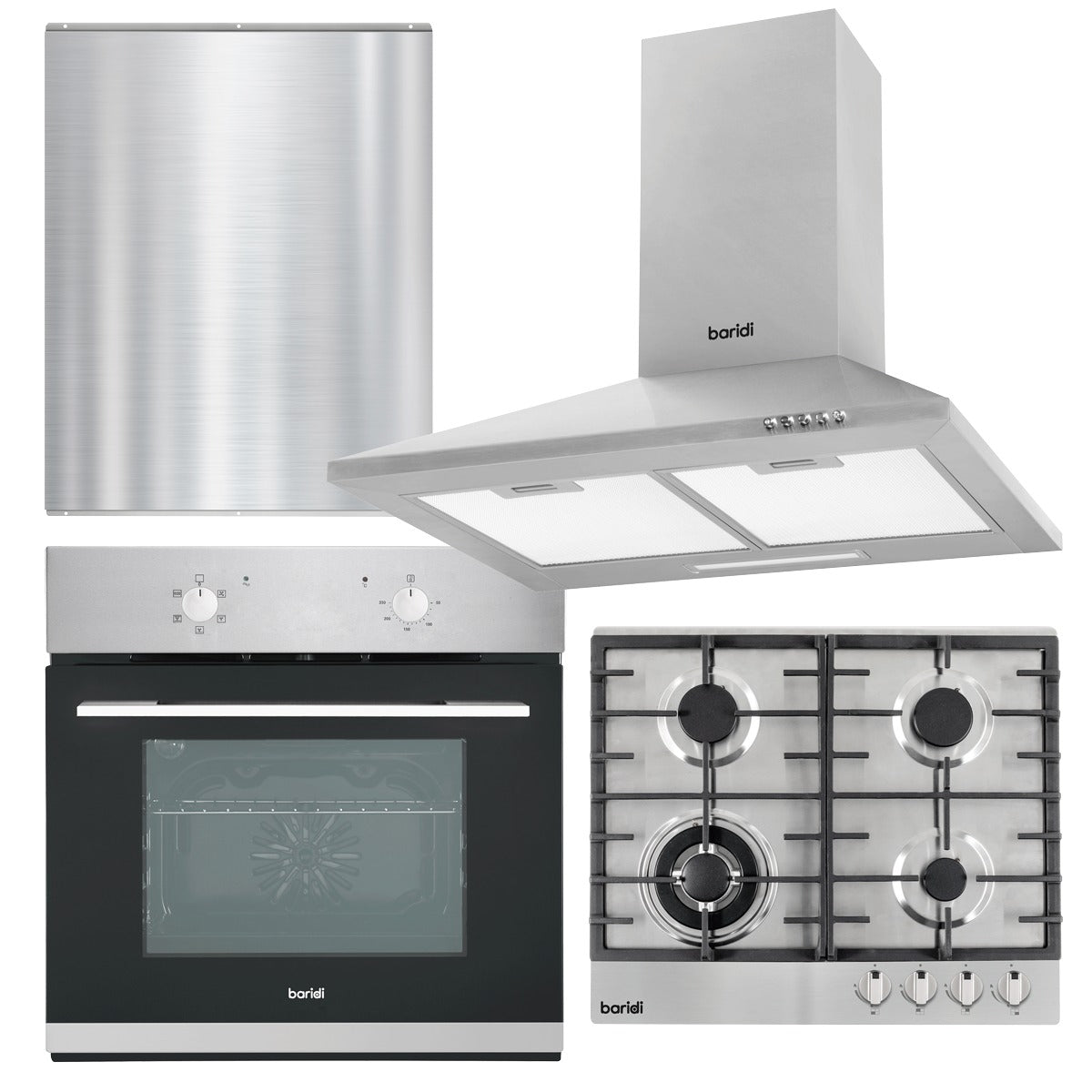 Baridi Kitchen Appliance Bundle – Integrated Fan-Assisted Oven, Stainless Steel Gas Hob, Chimney Cooker Hood & Stainless Steel Splashback – 60cm DH390