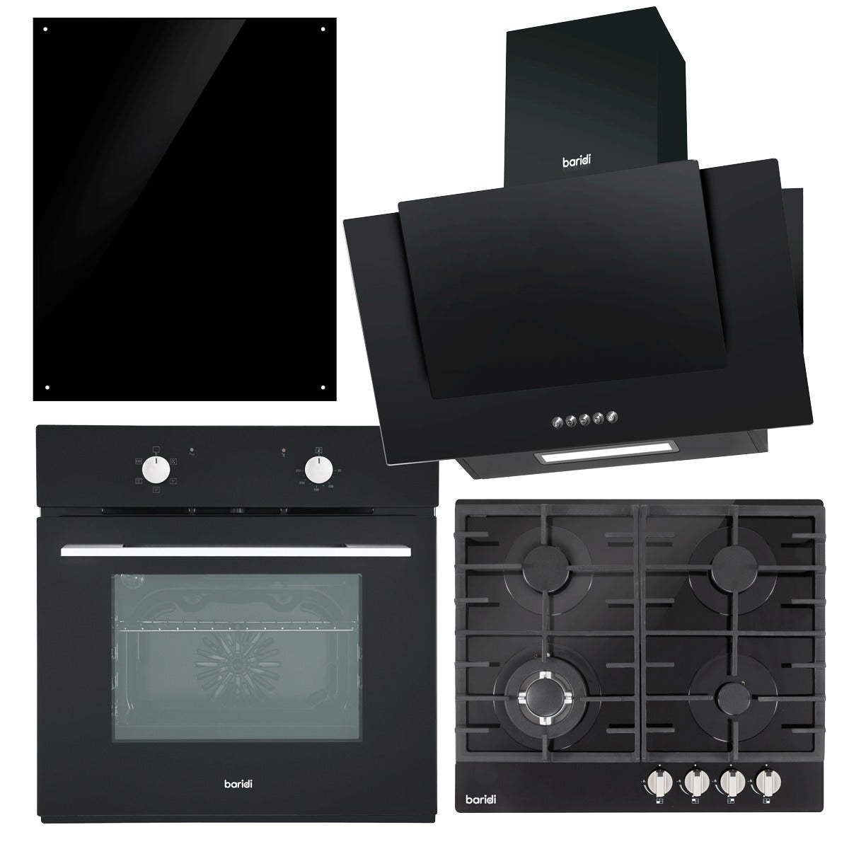 Baridi Kitchen Appliance Bundle – Integrated Fan-Assisted Oven, Black Glass Gas Hob, Angled Chimney Cooker Hood & Black Glass Splashback – 60cm DH391