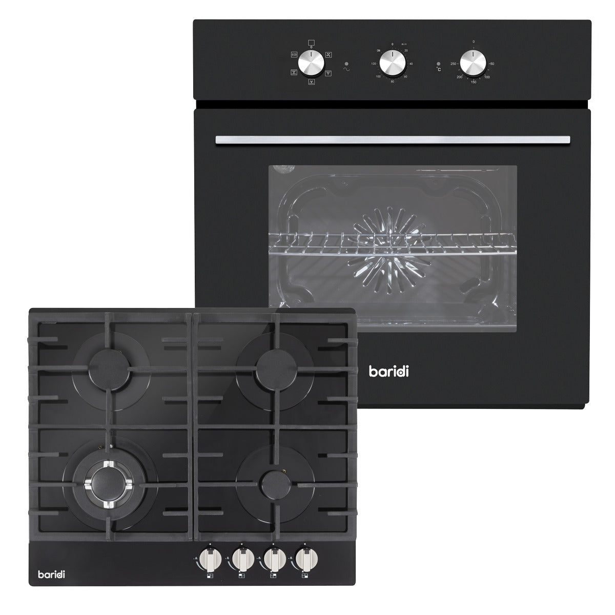 Baridi Integrated Fan-Assisted Oven with Timer & Black Glass Gas Hob Appliance Bundle – 60cm DH448