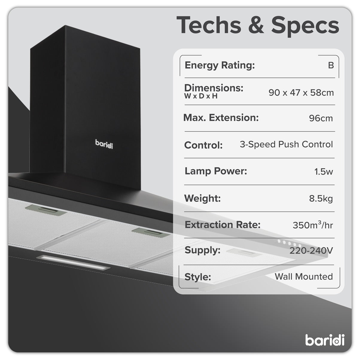 Baridi Cooker Hood, Chimney Style with Carbon Filters 90cm - Black DH59