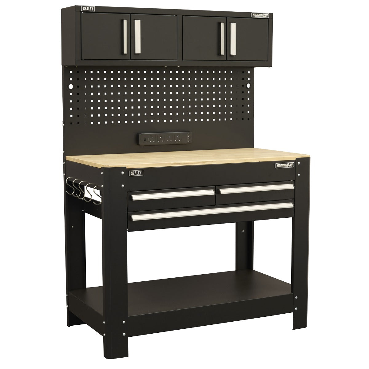 Superline PRO Workbench with Pegboard Back Panel, Power Bar & Wooden Worktop AP12701