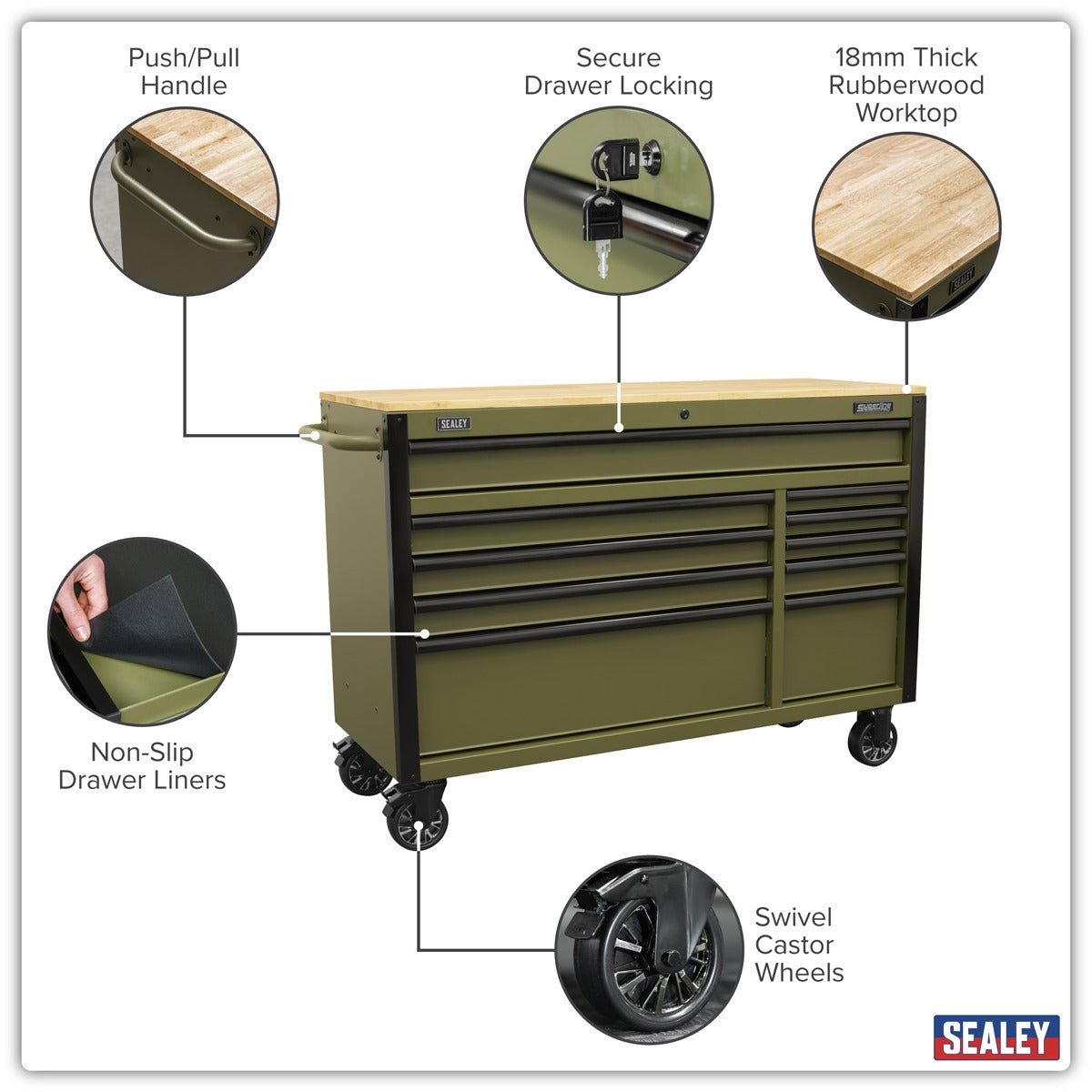 Superline PRO Mobile Trolley with Wooden Worktop & Power Bar 10 Drawer 1320mm AP5210KBE