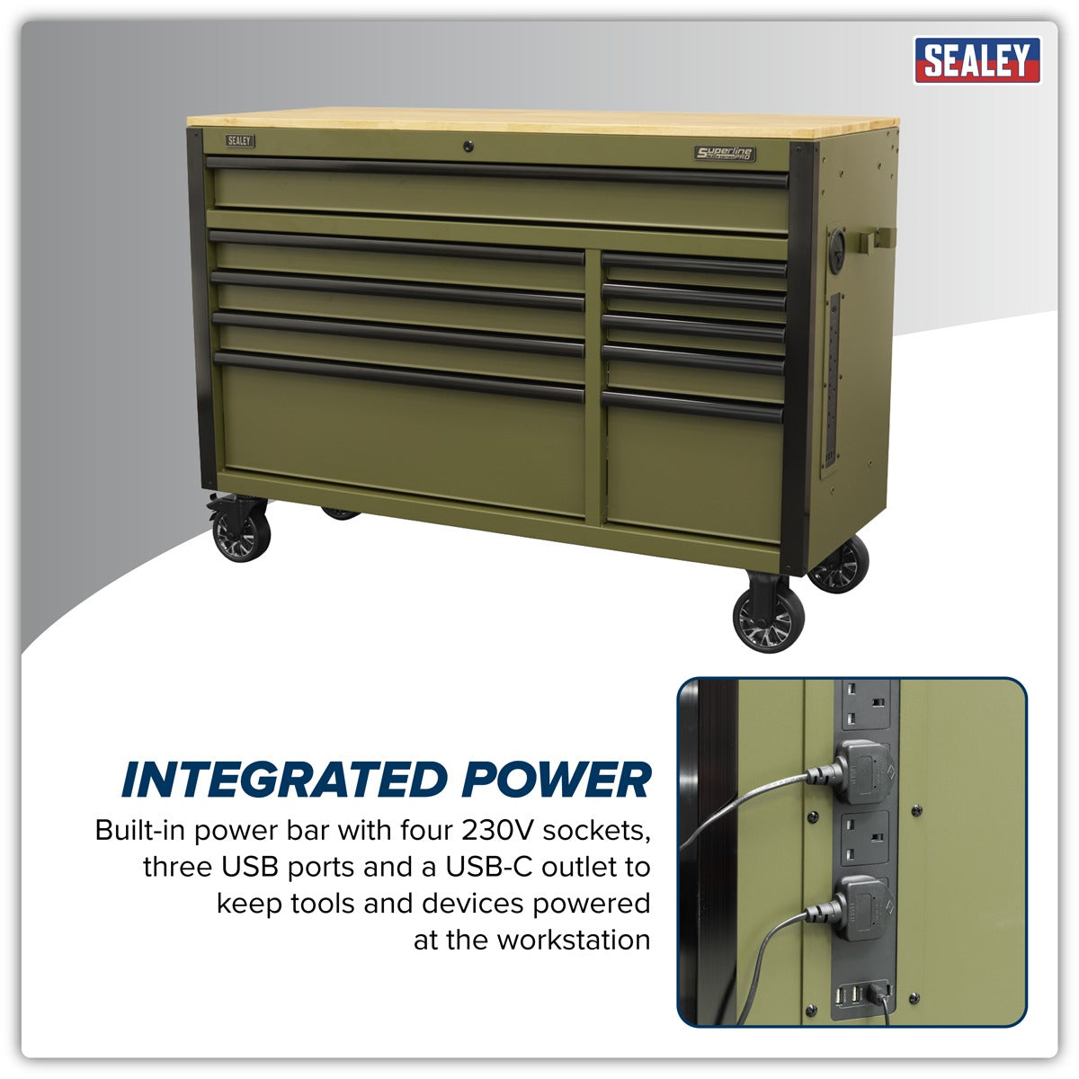 Superline PRO Mobile Trolley with Wooden Worktop & Power Bar 10 Drawer 1320mm AP5210KBE
