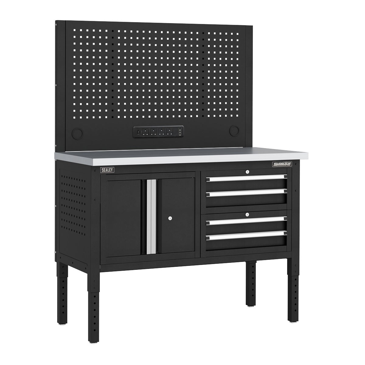 Superline PRO Modular Workbench with 4 Drawers & Cupboard Stainless Steel Worktop 1265mm APMWB50COMBO1SS