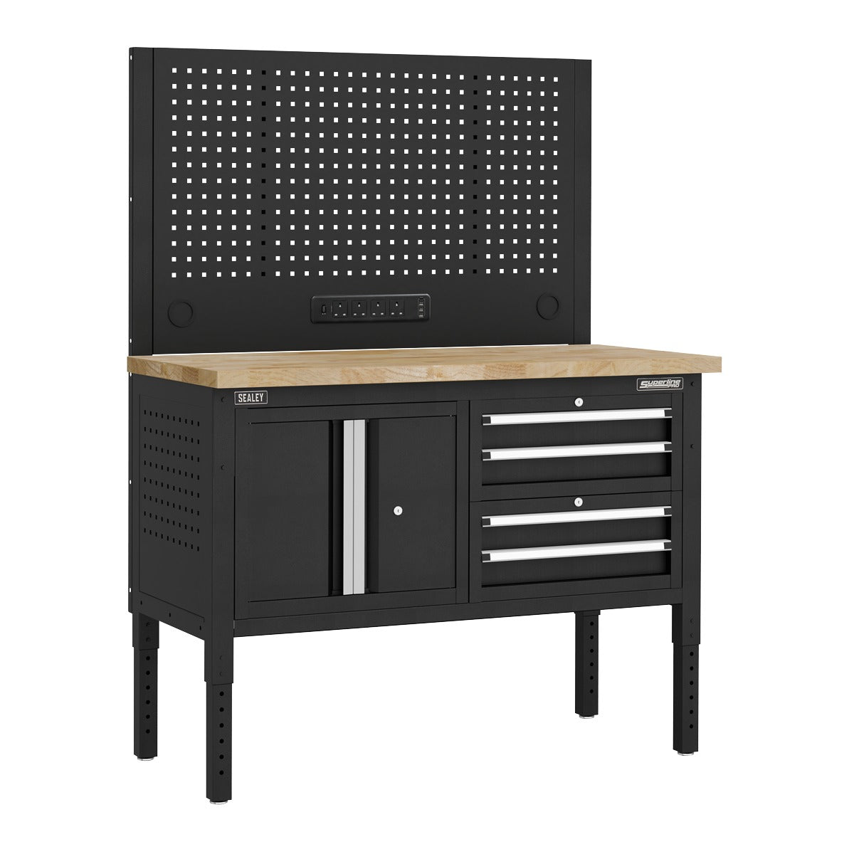 Superline PRO Modular Workbench with 4 Drawers & Cupboard Wooden Worktop 1265mm APMWB50COMBO1W
