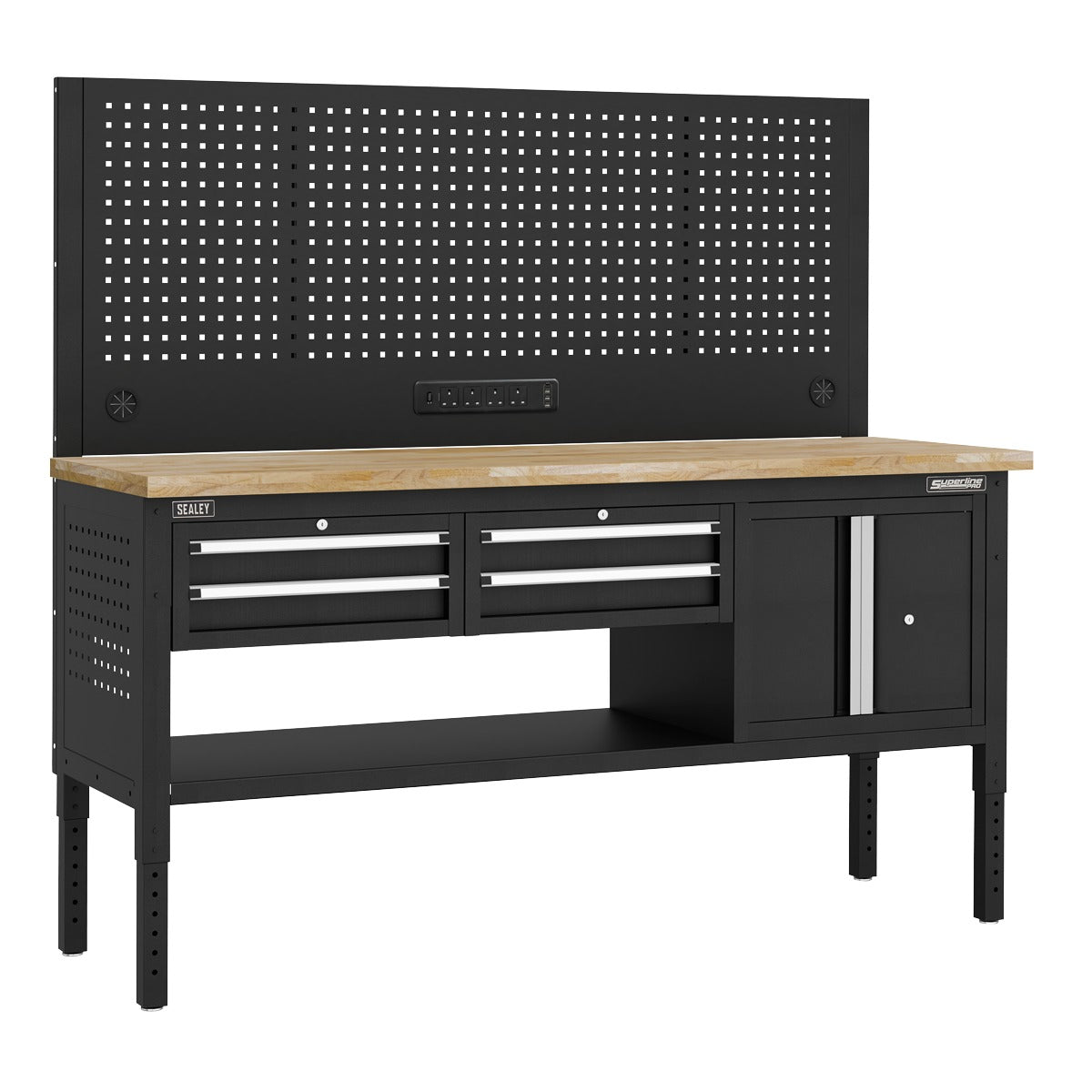 Superline PRO Modular Workbench with 4 Drawers & Cupboard Wooden Worktop 1830mm APMWB72COMBO1W