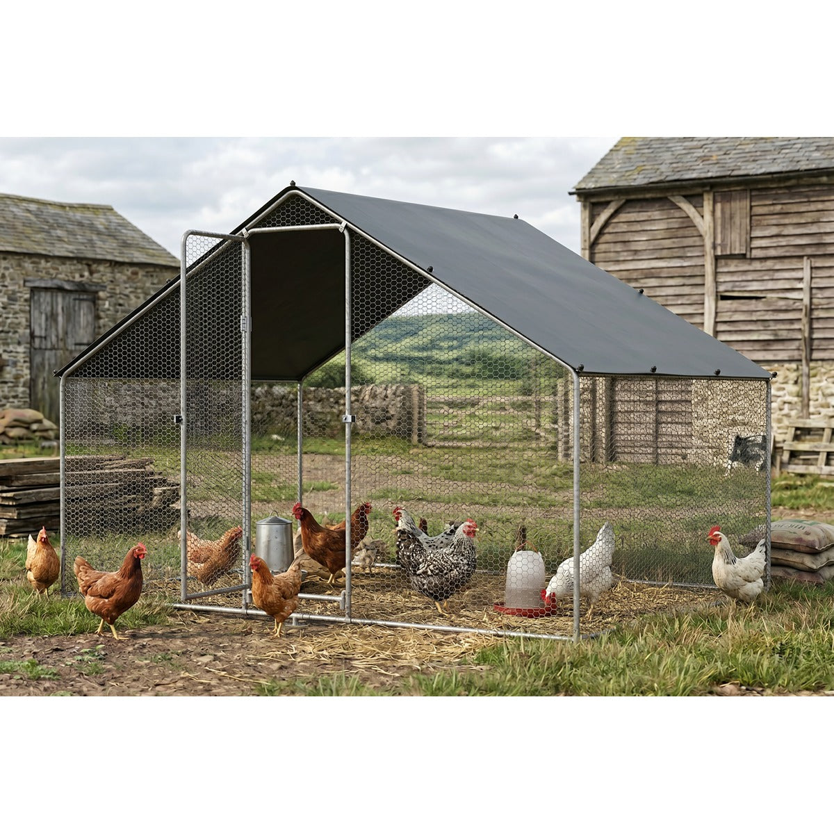Dellonda Walk-In Galvanized Steel Chicken Run with Roof Cover & PVC Coated Chicken Wire DG278