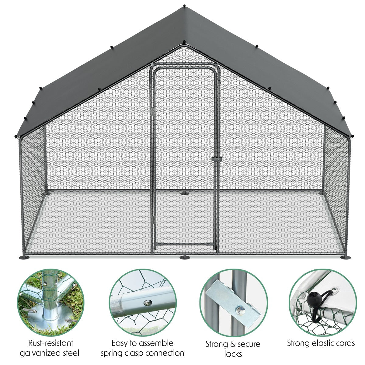 Dellonda Walk-In Galvanized Steel Chicken Run with Roof Cover & PVC Coated Chicken Wire DG278