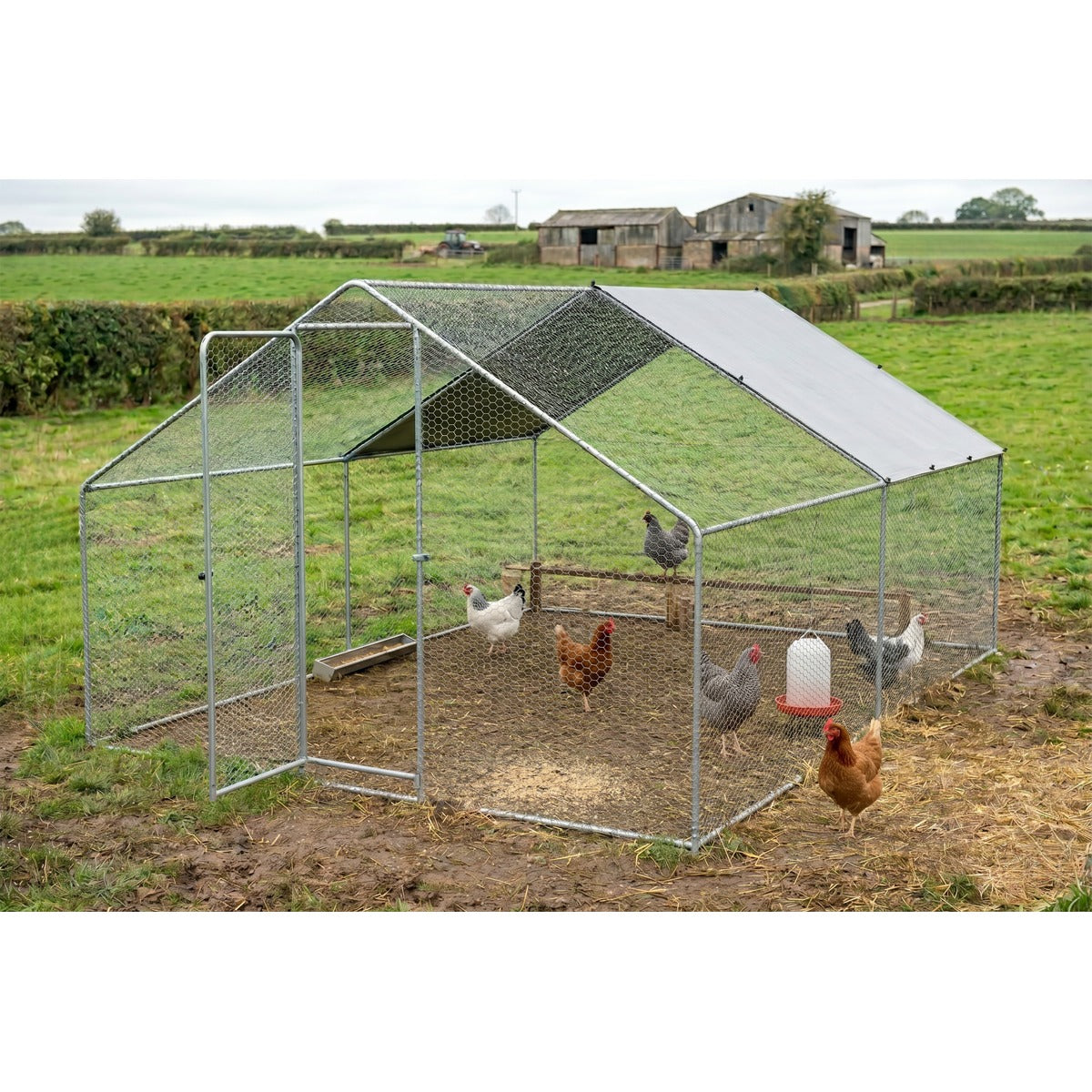 Dellonda Walk-In Galvanized Steel Chicken Run with Roof Cover & PVC Coated Chicken Wire DG279