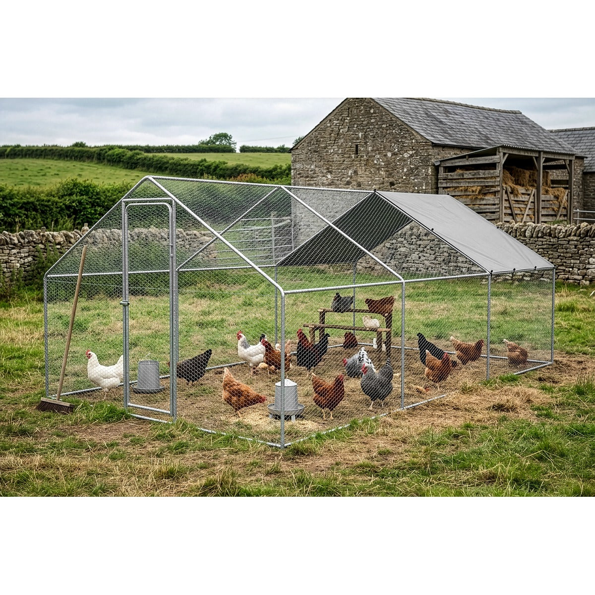 Dellonda Walk-In Galvanized Steel Chicken Run with Roof Cover & PVC Coated Chicken Wire DG280