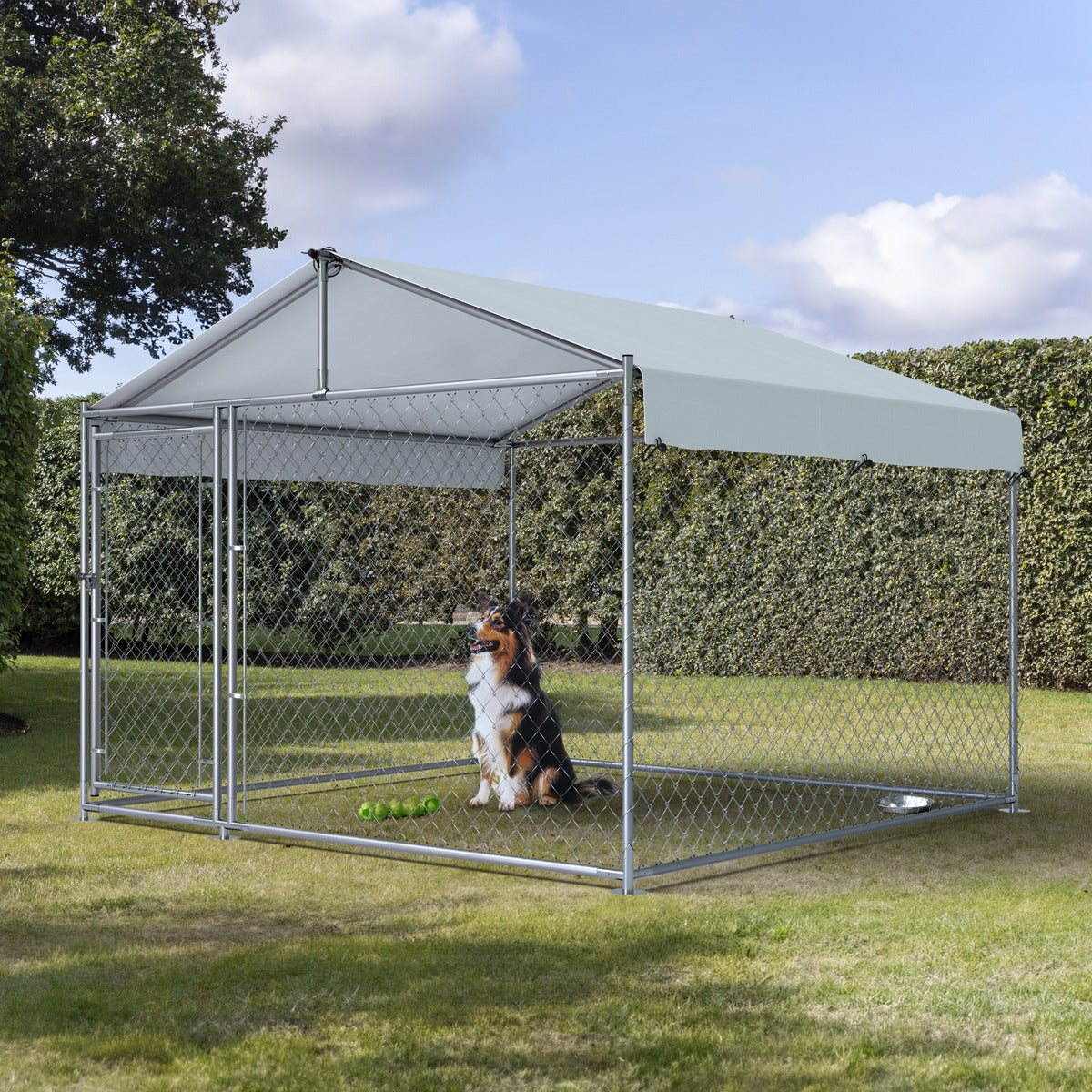 Dellonda Galvanised Steel Dog Kennel with Roof Cover & Chain Link Fencing DG281