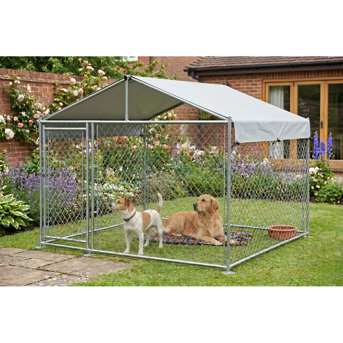 Dellonda Galvanised Steel Dog Kennel with Roof Cover & Chain Link Fencing DG281