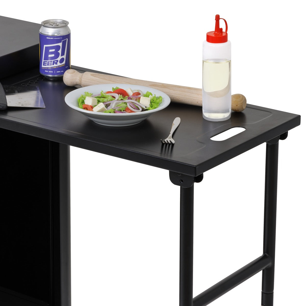 Dellonda BBQ/Plancha Workstation Trolley with Cupboard, Extension Table & Utensil Hooks, Black DG282