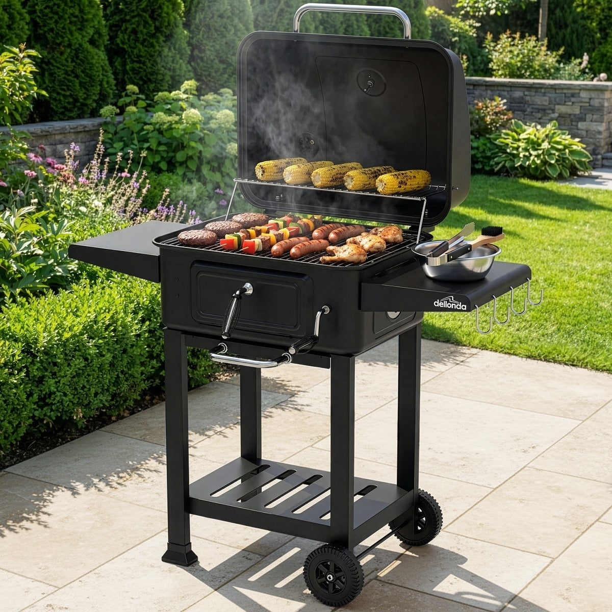 Dellonda Charcoal Grill BBQ Smoker & Trolley with 2 Side Shelves - Black DG283