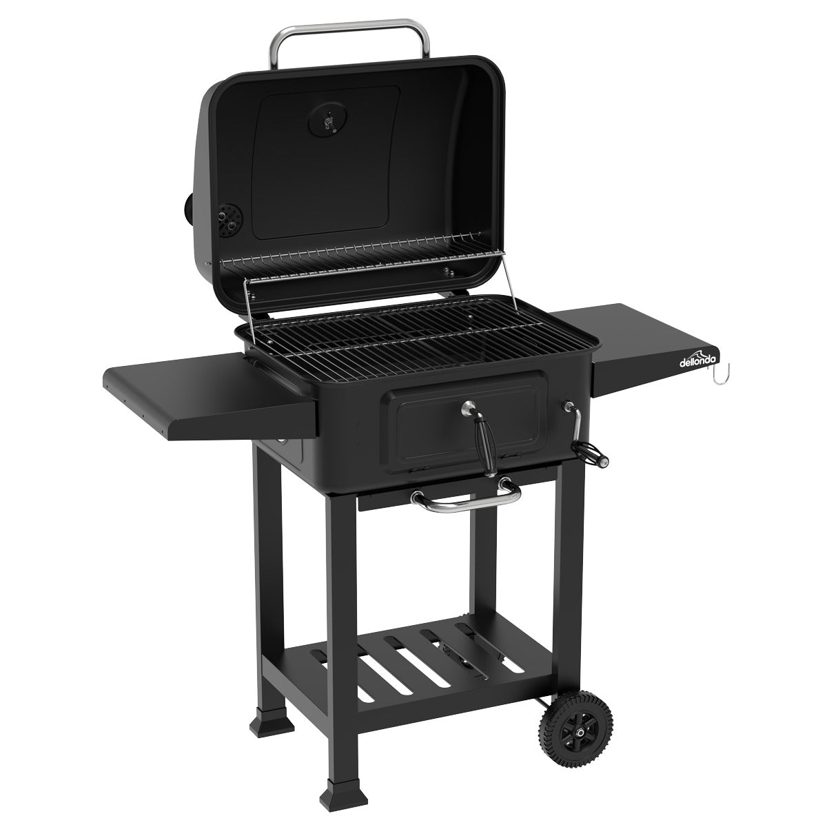 Dellonda Charcoal Grill BBQ Smoker & Trolley with 2 Side Shelves - Black DG283