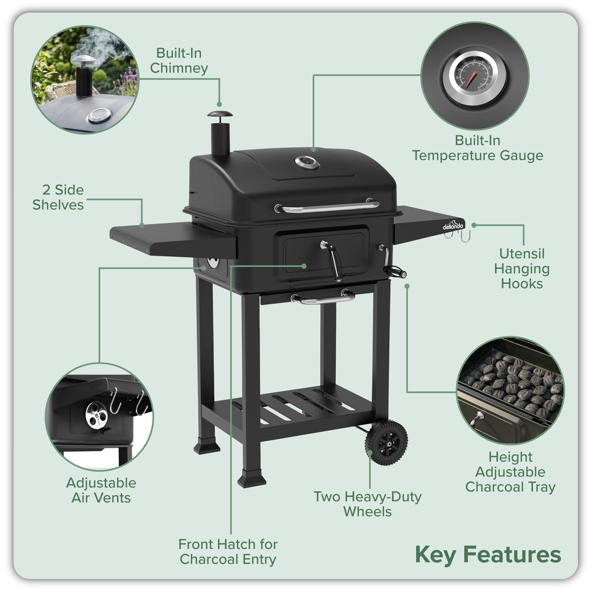 Dellonda Charcoal Grill BBQ Smoker & Trolley with 2 Side Shelves - Black DG283