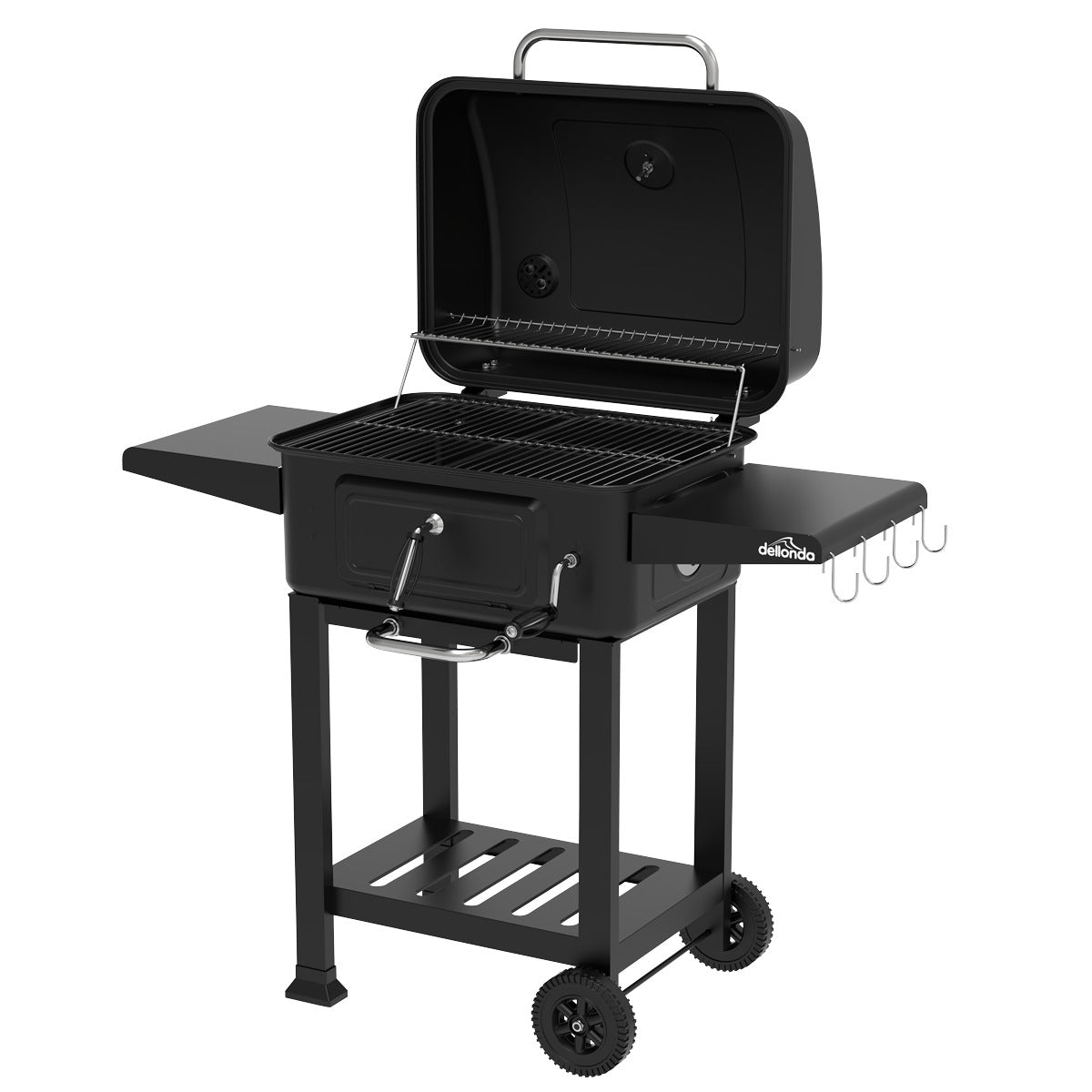 Dellonda Charcoal Grill BBQ Smoker & Trolley with 2 Side Shelves - Black DG283