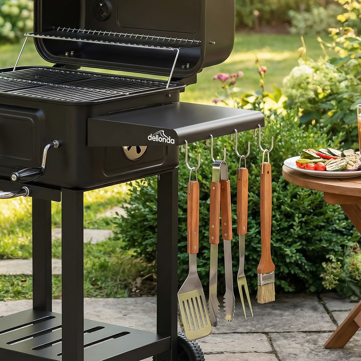 Dellonda Charcoal Grill BBQ Smoker & Trolley with 2 Side Shelves - Black DG283
