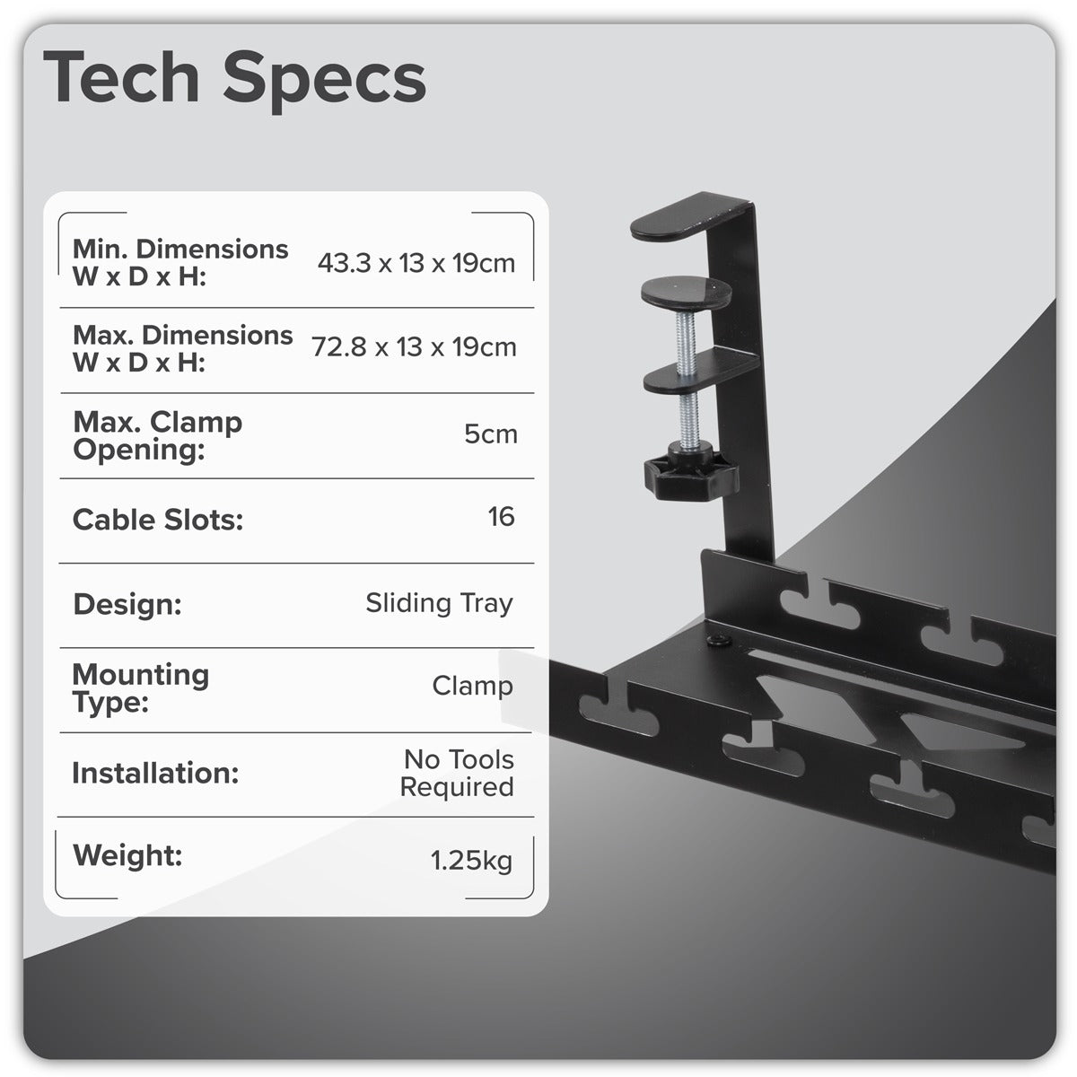 Dellonda Extendable Cable Management Tray 435/730 x 130 x 190 - Black DH276