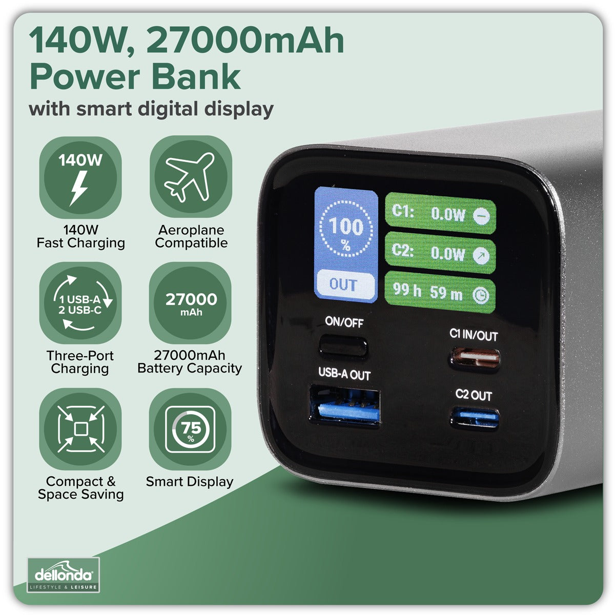 Dellonda Portable Power Bank 140W 27000mAh DL168