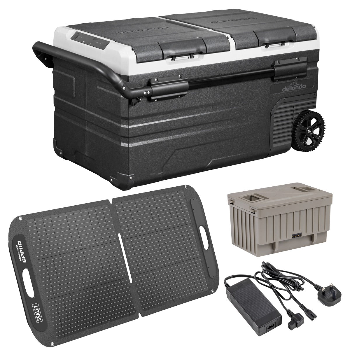 Dellonda Portable Fridge Freezer/Cool Box 75L with 11.1V Portable Battery, AC/DC 230V Adaptor & 110W Solar Panel DL174