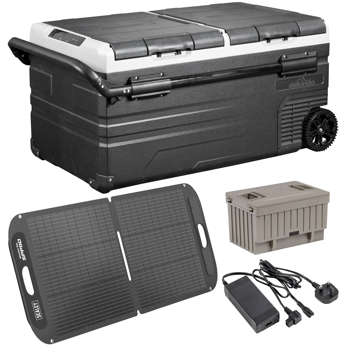 Dellonda Portable Fridge Freezer/Cool Box 95L with 11.1V Portable Battery, AC/DC 230V Adaptor & 110W Solar Panel DL175