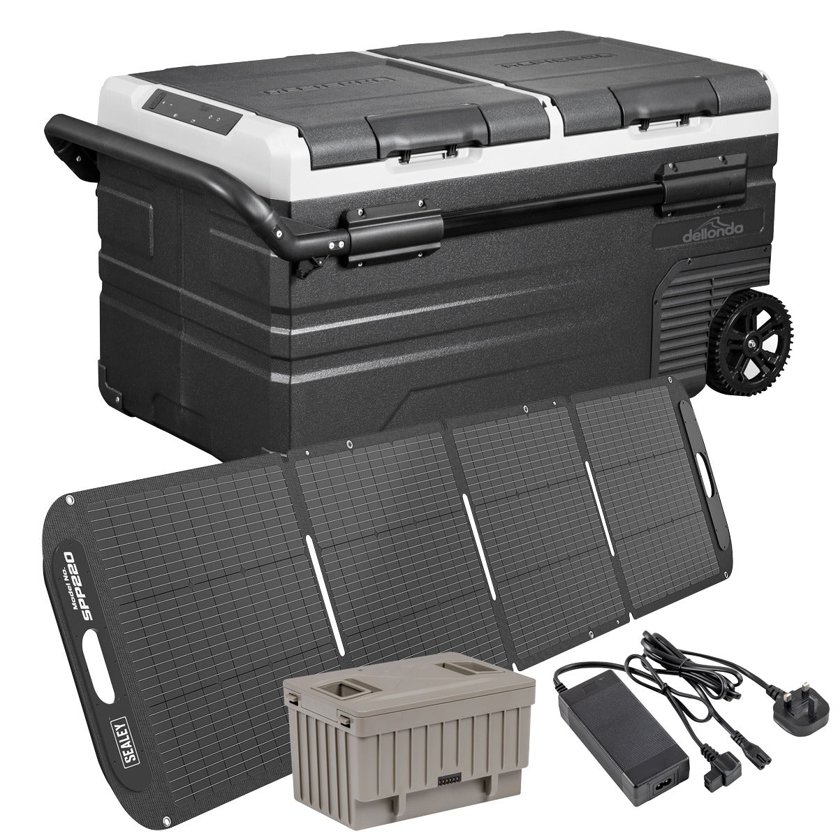 Dellonda Portable Fridge Freezer/Cool Box 75L with 11.1V Portable Battery, AC/DC 230V Adaptor & 220W Solar Panel DL176