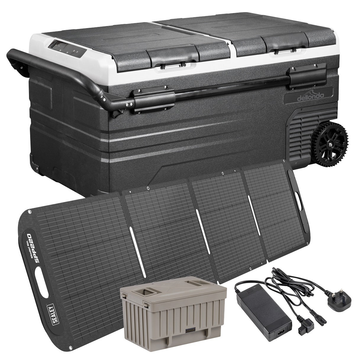 Dellonda Portable Fridge Freezer/Cool Box 95L with 11.1V Portable Battery, AC/DC 230V Adaptor & 220W Solar Panel DL177