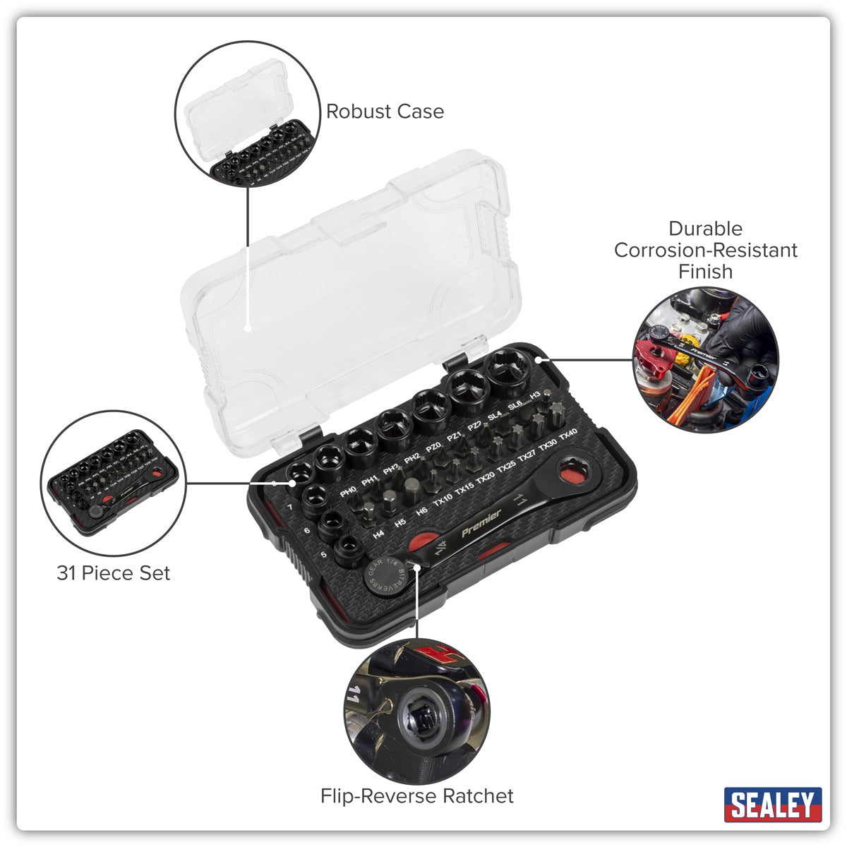 Premier Black Go-Through Lock-On Low Profile Socket & Bit Set 1/4"Sq Drive 31pc AK2112