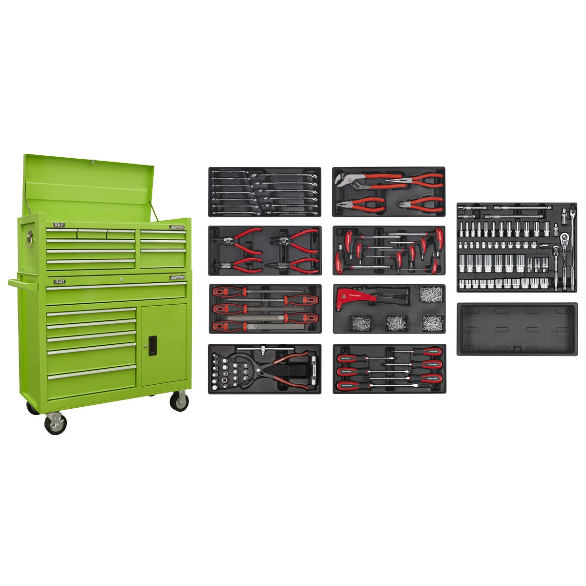 American PRO Topchest & Rollcab Combination 15 Drawer with 117pc Tool Kit- Green AP41STACKHVCOMBO