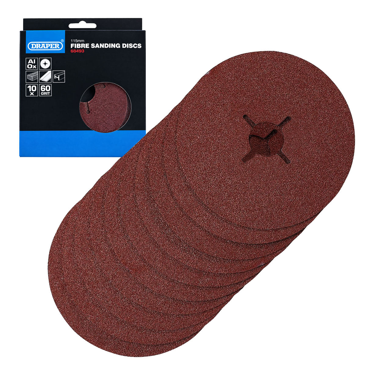 Draper Fibre Sanding Discs, 115mm, 60 Grit, (Pack of 10) 68493