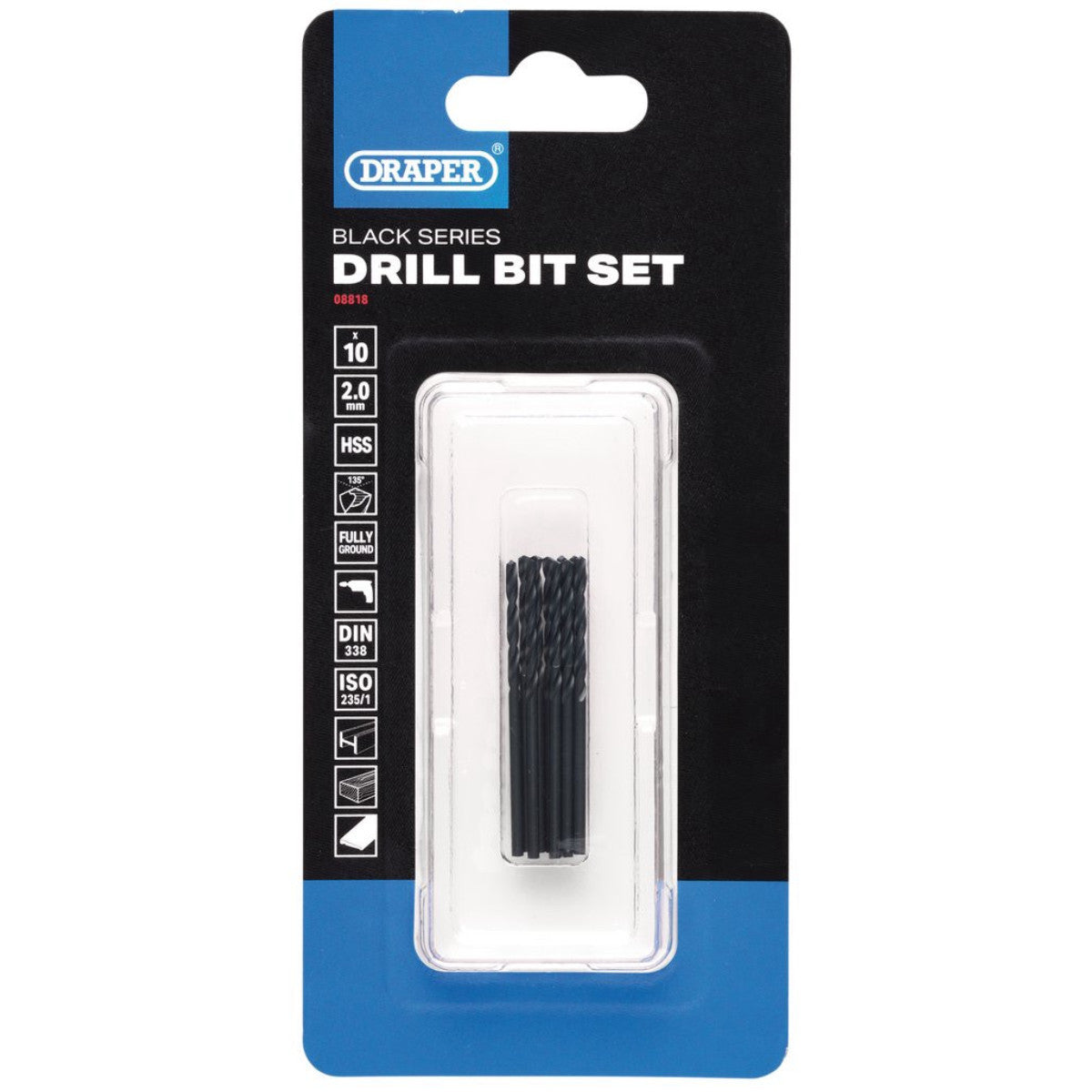 Draper Black HSS Drill Bit, 2 x 49mm (Pack of 10) 08818