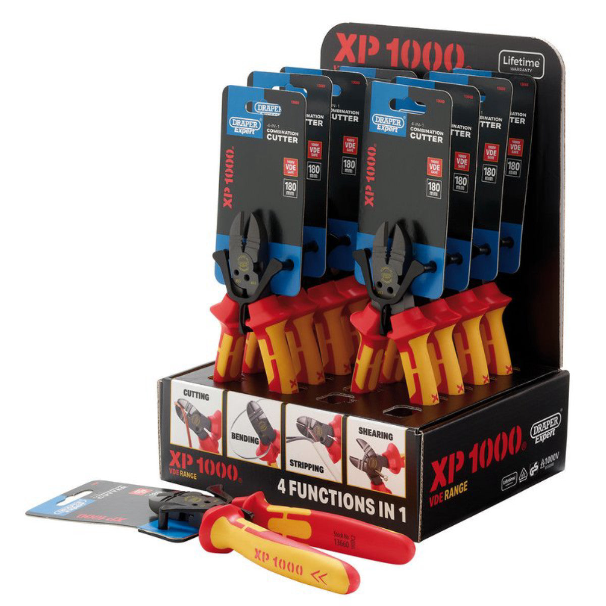 XP1000 Counter Top Display of VDE 180mm 4-in-1 Combination Cutters (10 Piece) 13617