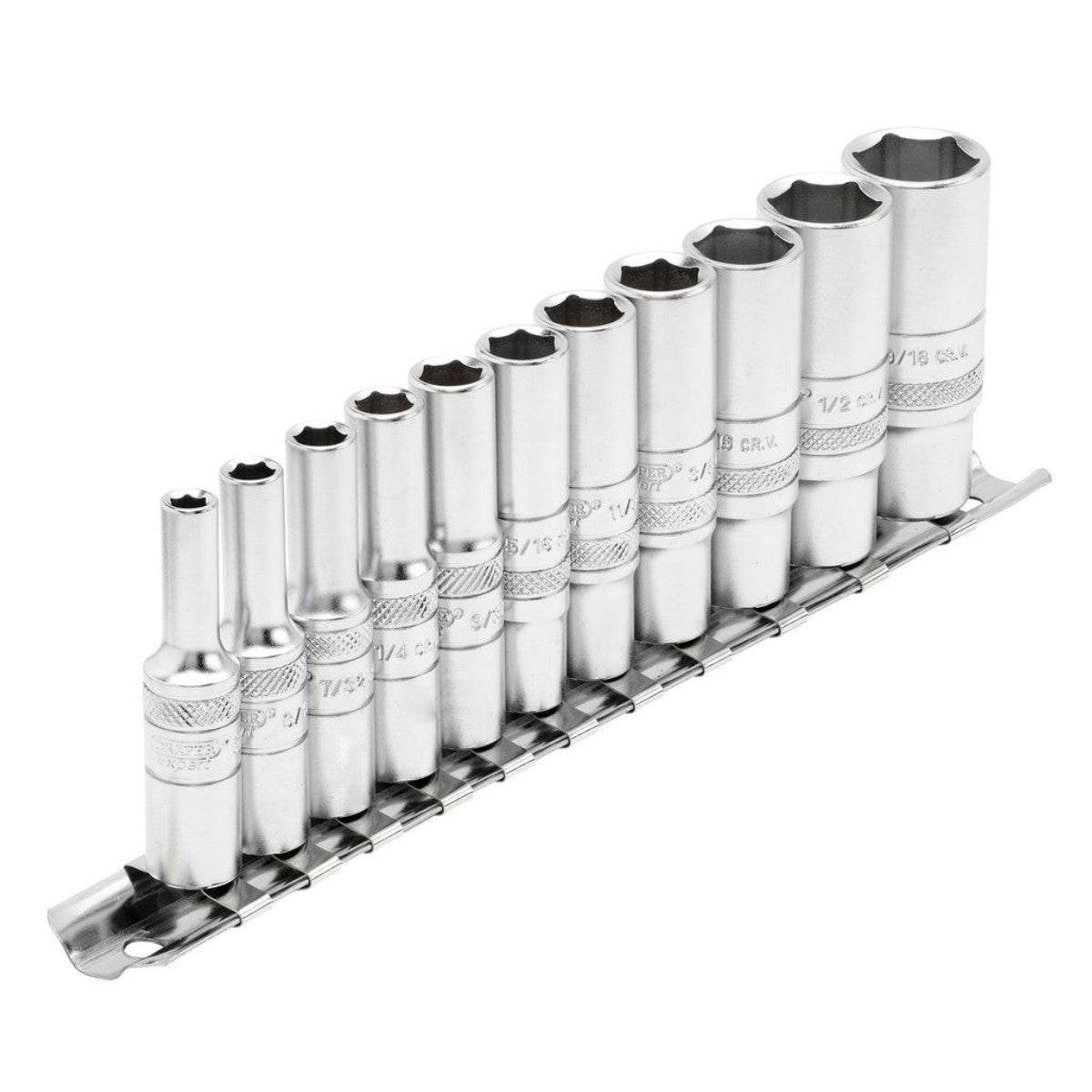 Draper Expert Imperial Deep Socket on Metal Rail, 1/4" Sq. Dr. (11 Piece) 16491