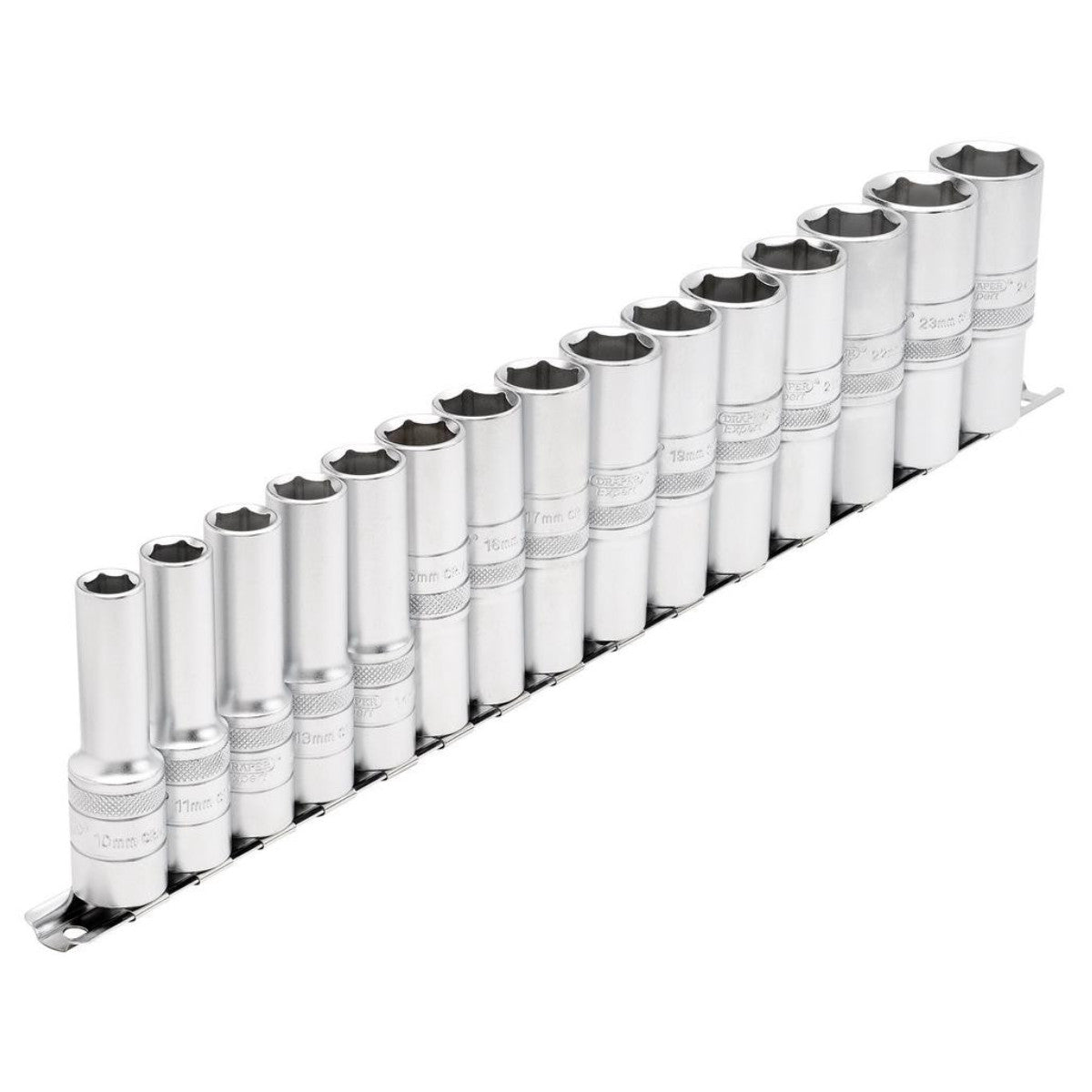 Draper Expert Metric Deep Socket on a Metal Rail, 1/2" Sq. Dr. (15 Piece) 16499