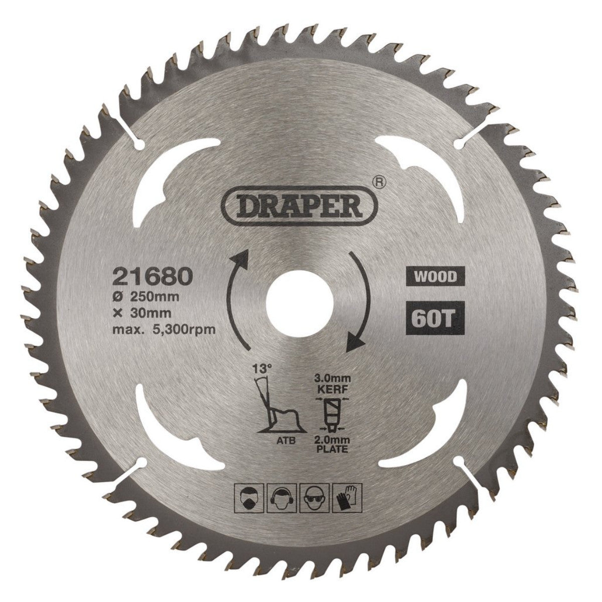 Draper TCT Circular Saw Blade for Wood, 250 x 30mm, 60T 21680
