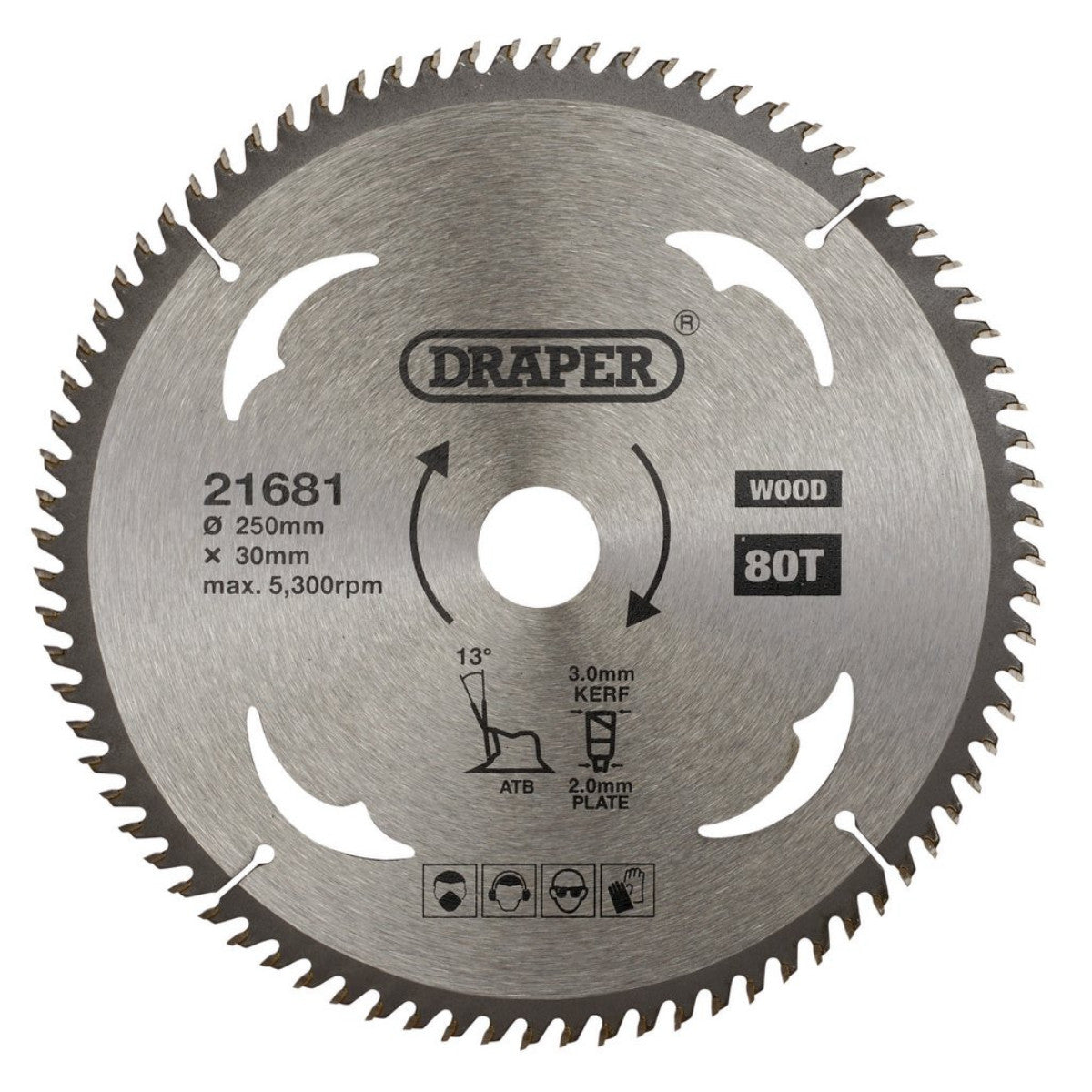 Draper TCT Circular Saw Blade for Wood, 250 x 30mm, 80T 21681