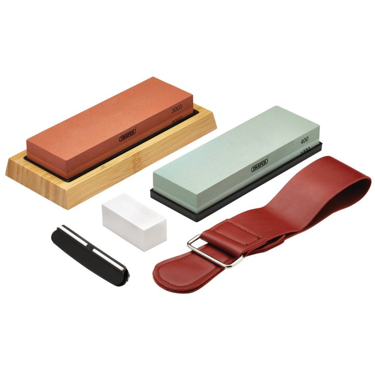 Draper Whetstone Sharpening Stone Set with Non-Slip Base and Angle Guide, 400/1000/3000/8000 Grit 23968