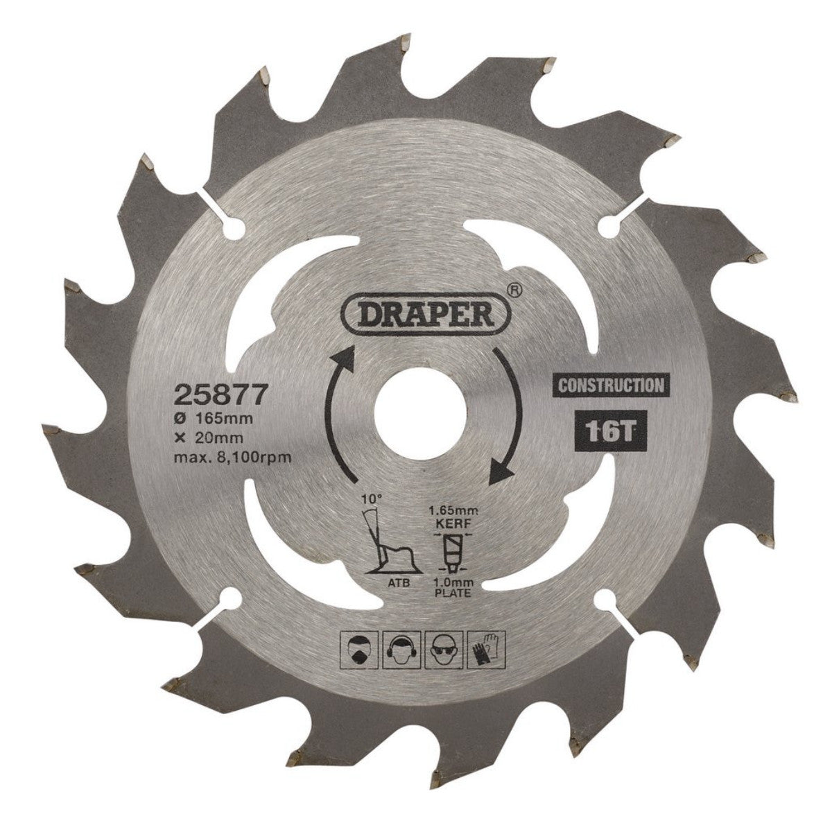 Draper TCT Cordless Construction Circular Saw Blade for Wood & Composites, 165 x 20mm, 16T 25877