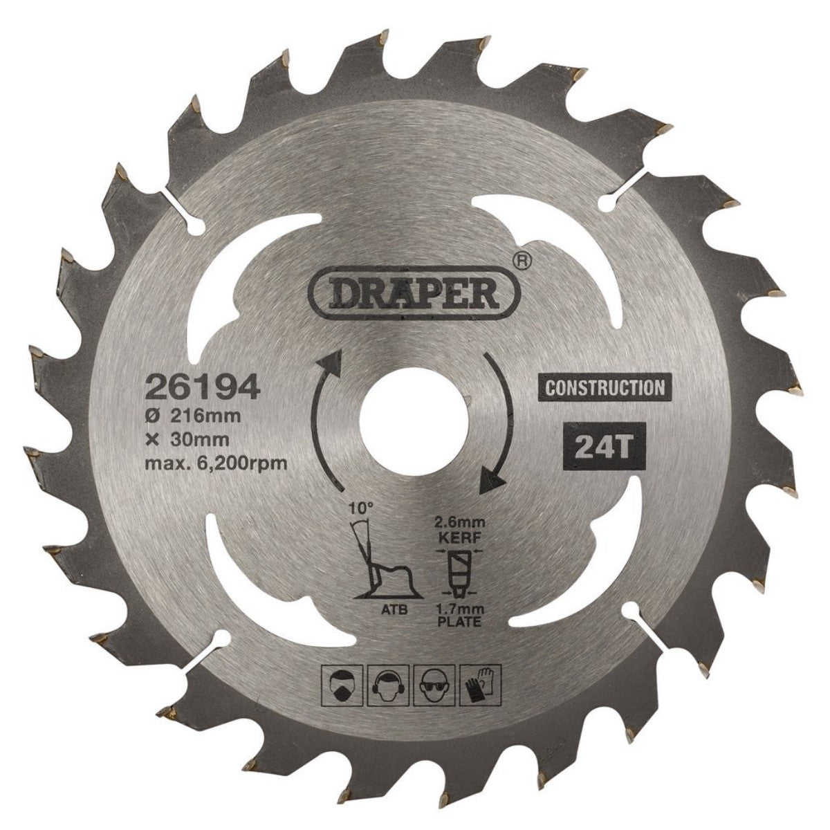 Draper TCT Construction Circular Saw Blade, 216 x 30mm, 24T 26194