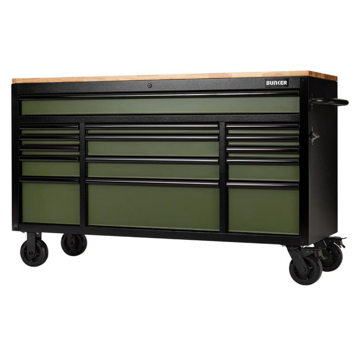 Bunker 15 Drawer Workbench Roller Tool Cabinet, 61", Green 27333