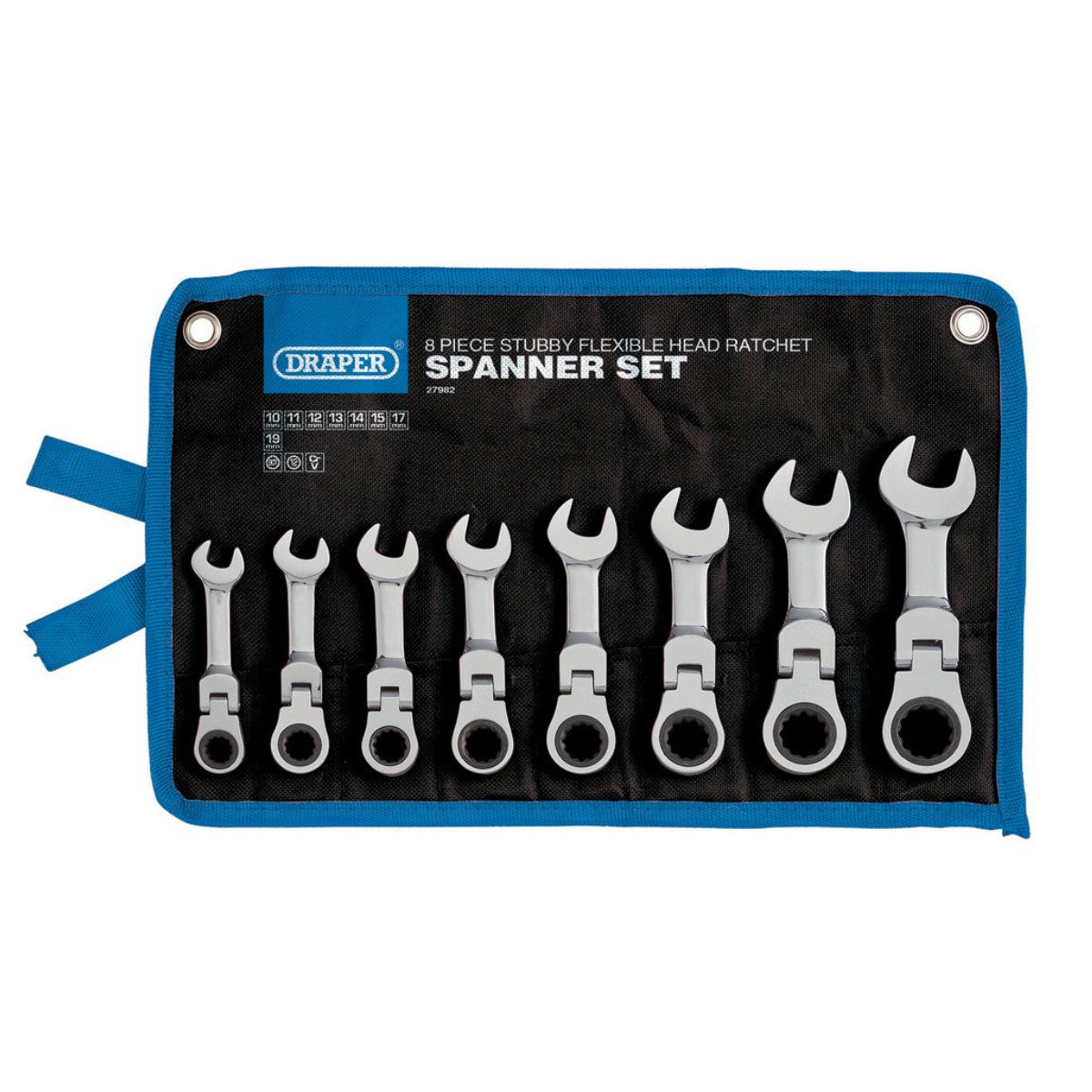 Draper HI-TORQ Metric Stubby Flexible Head Ratchet Combination Spanner Set, 10 - 19mm (8 Piece) 27982