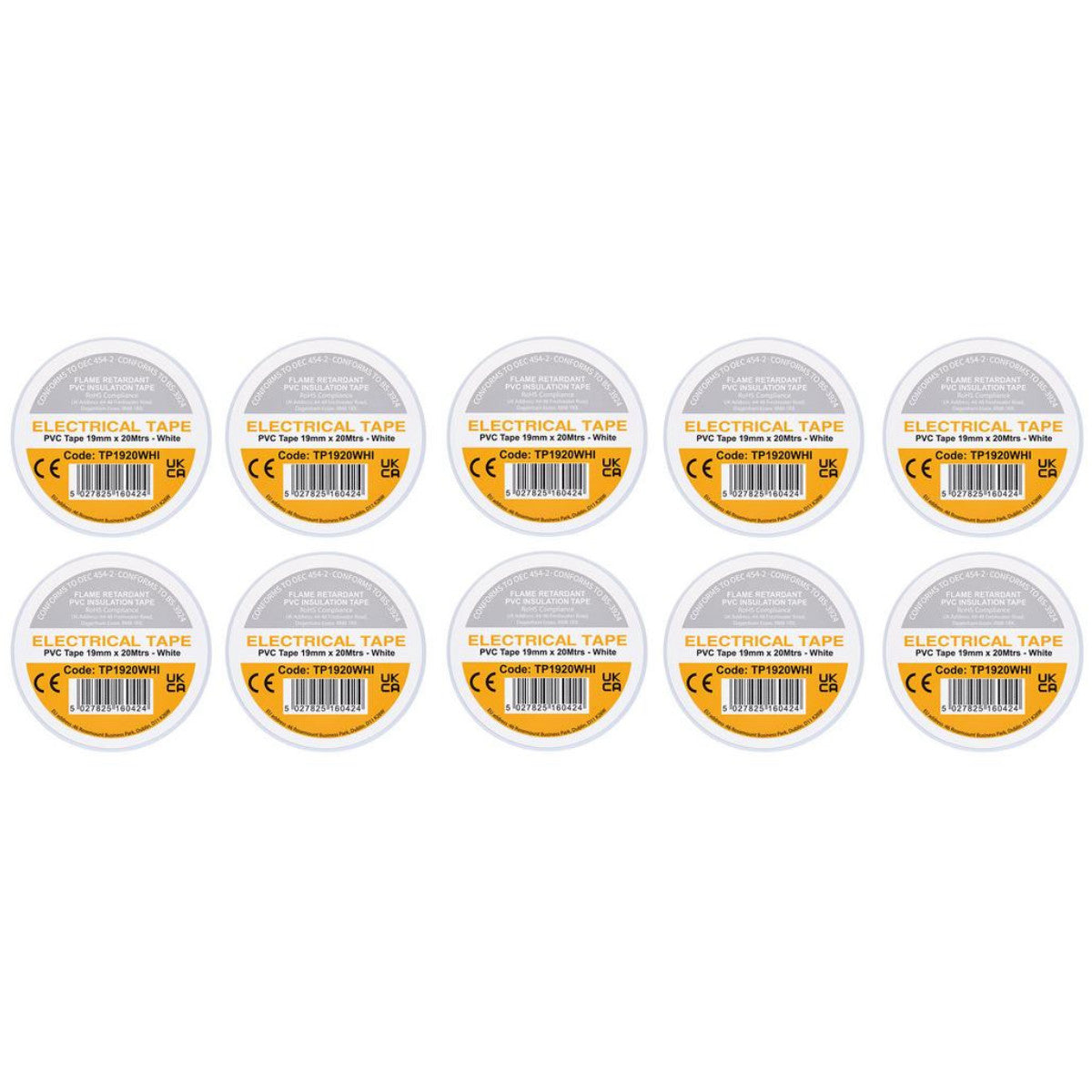 Draper White PVC Electrical Insulation Tape, 19mm x 20m (Pack of 10) 29532