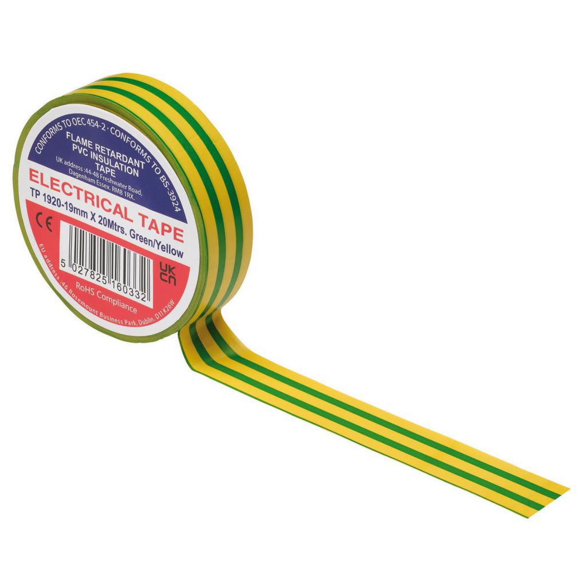 Draper Green/Yellow PVC Electrical Insulation Tape, 19mm x 20m (Pack of 10) 29533