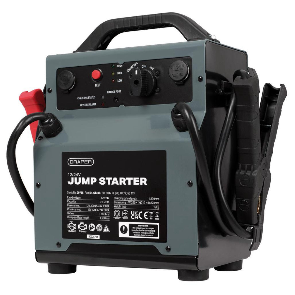 Draper 12/24V Jump Starter, 3000/1500 Peak Amps 29755